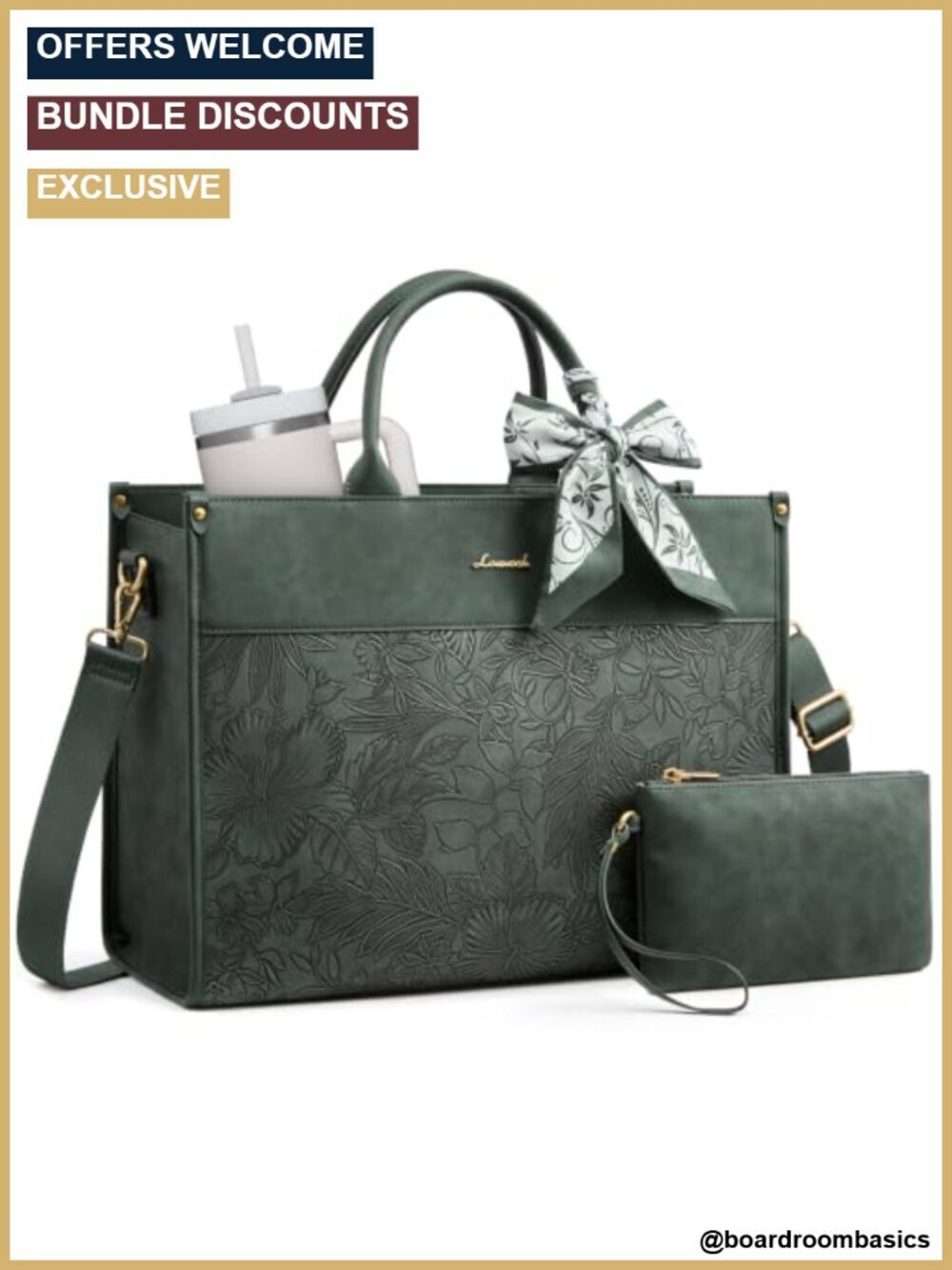 Vintage Work Laptop Tote Bag with Cup Holder, Waterproof PU Leather Briefcase